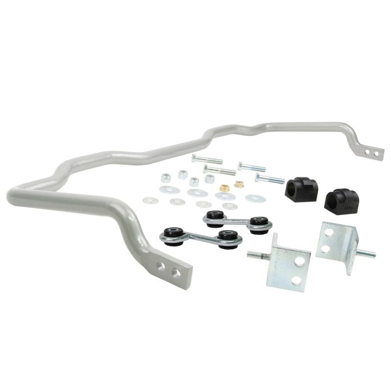 Whiteline BBR38Z 22mm adjustable rear sway bar with silver finish, synthetic elastomer bushings, and lateral locks.