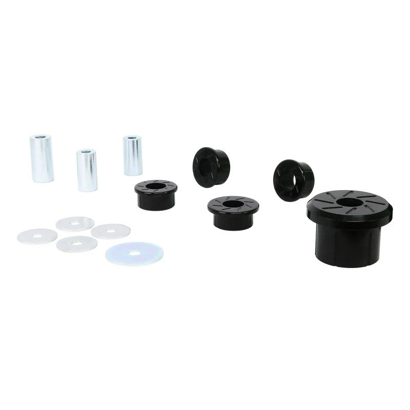 Whiteline KDT982 rear differential mount bushing kit featuring five black bushings, steel washers, and grease tubes.