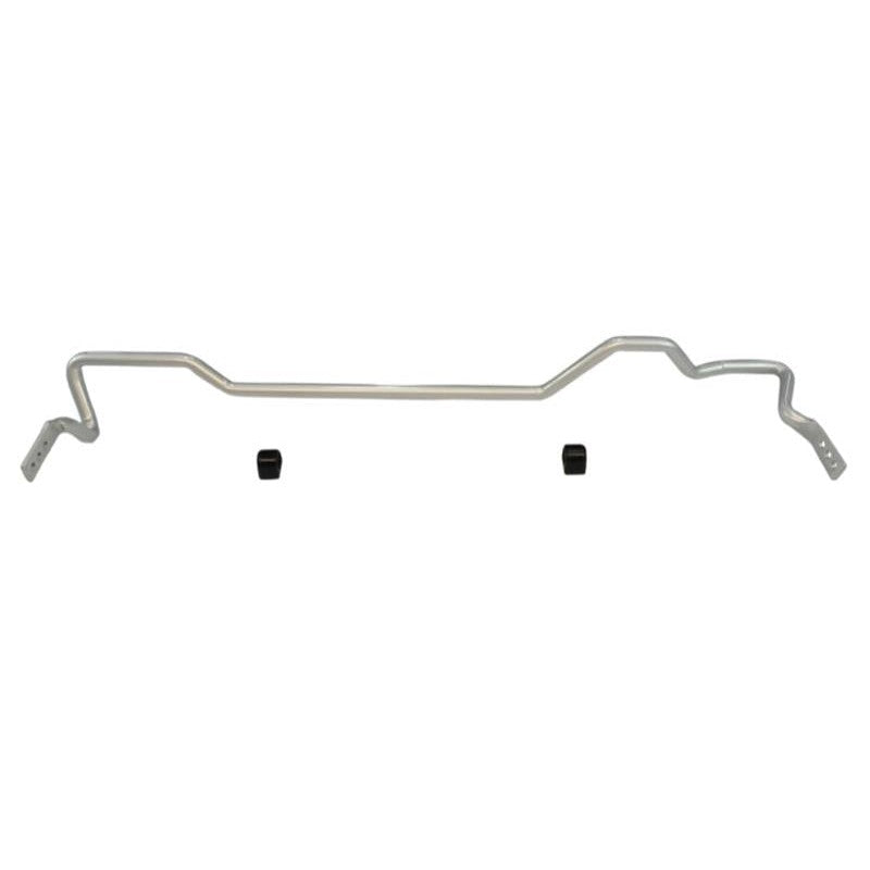 Whiteline 24mm 3-point adjustable rear sway bar in silver powder coat with black synthetic elastomer bushings and hardware.