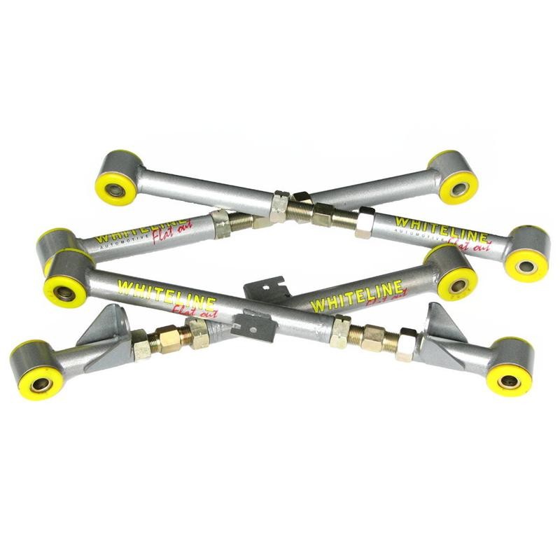 Whiteline KTA109 rear lateral link kit featuring four adjustable arms with gold turn-buckles and black bushings.