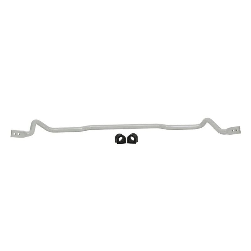 Whiteline 24mm silver powder coated adjustable rear sway bar with synthetic elastomer bushings and lateral locks.