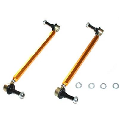 Whiteline KLC105 adjustable front sway bar end links featuring gold anodized alloy bodies and steel ball joints.