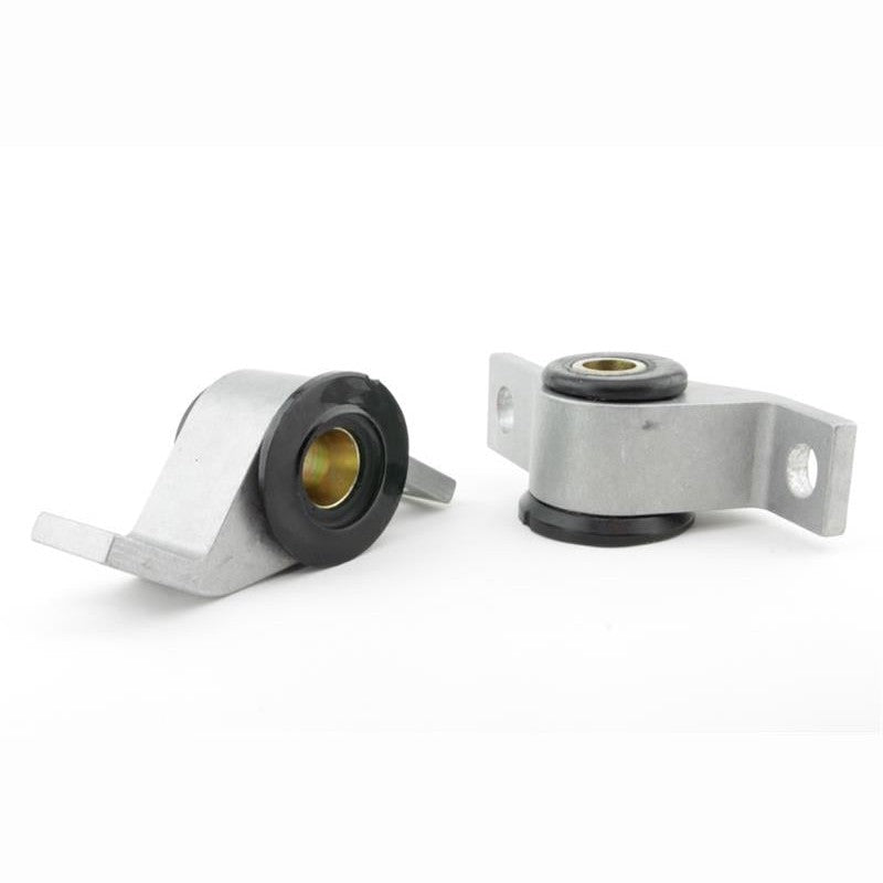 Whiteline KCA359M Front Race Anti-Dive Caster Kit with anodized alloy mounts and yellow synthetic elastomer bushings.