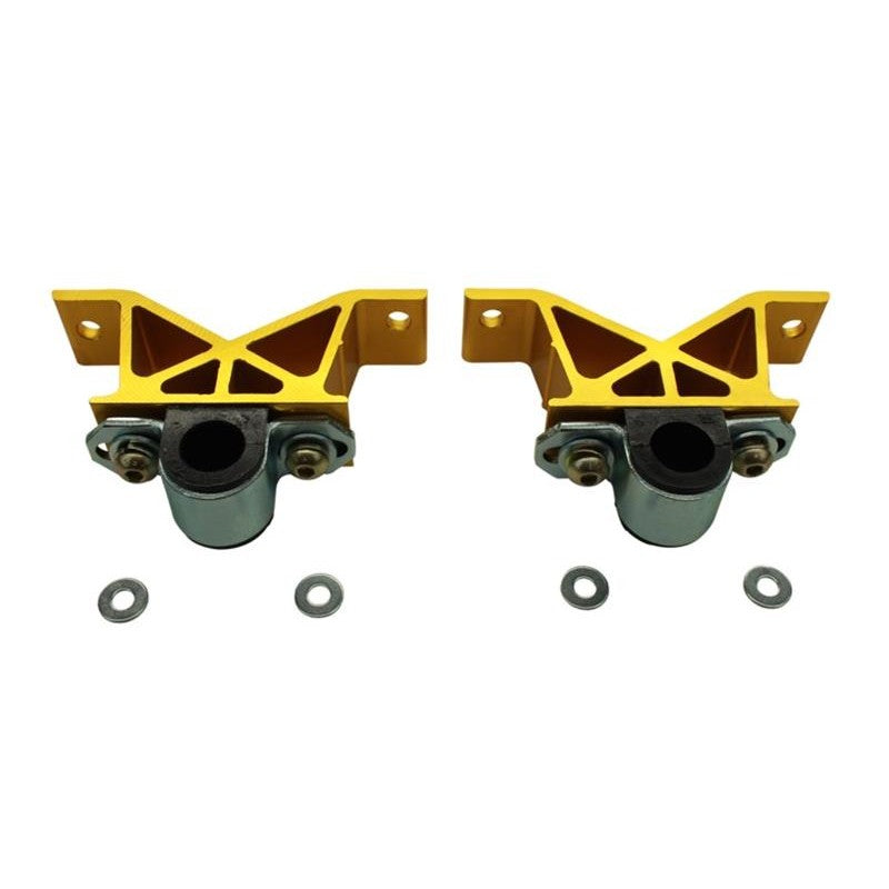 Whiteline KBR21-24 forged alloy rear sway bar mounts with 24mm synthetic elastomer bushings and installation hardware.