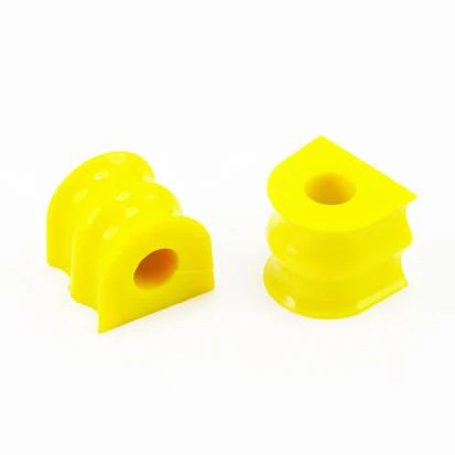 A pair of yellow Whiteline 19mm synthetic elastomer sway bar mount bushings with knurled internal bores.