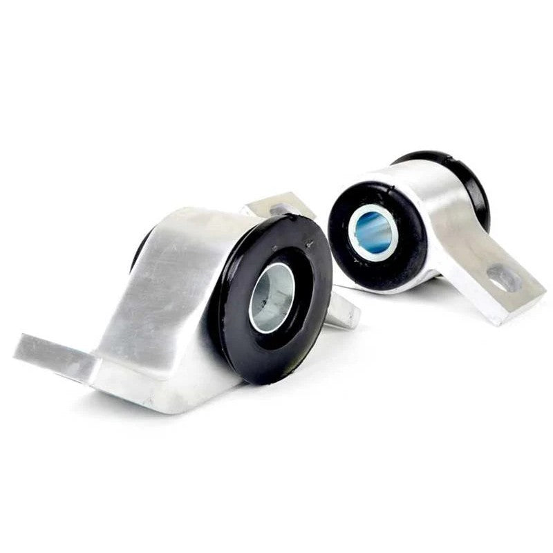 Whiteline KCA359 front anti lift kit featuring anodized alloy mounts and yellow synthetic elastomer bushings.