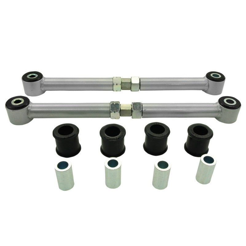 Whiteline KTA107 rear adjustable lateral link kit with gold-plated arms and black synthetic elastomer bushings.