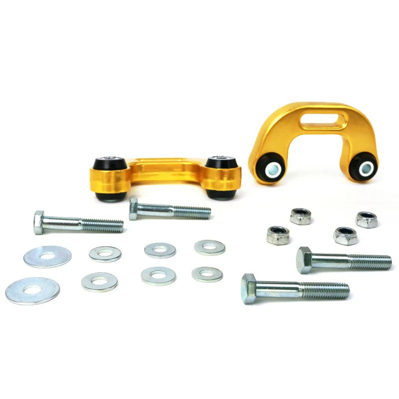 Whiteline KLC26 rear sway bar end links featuring silver alloy bodies and black synthetic elastomer bushings.