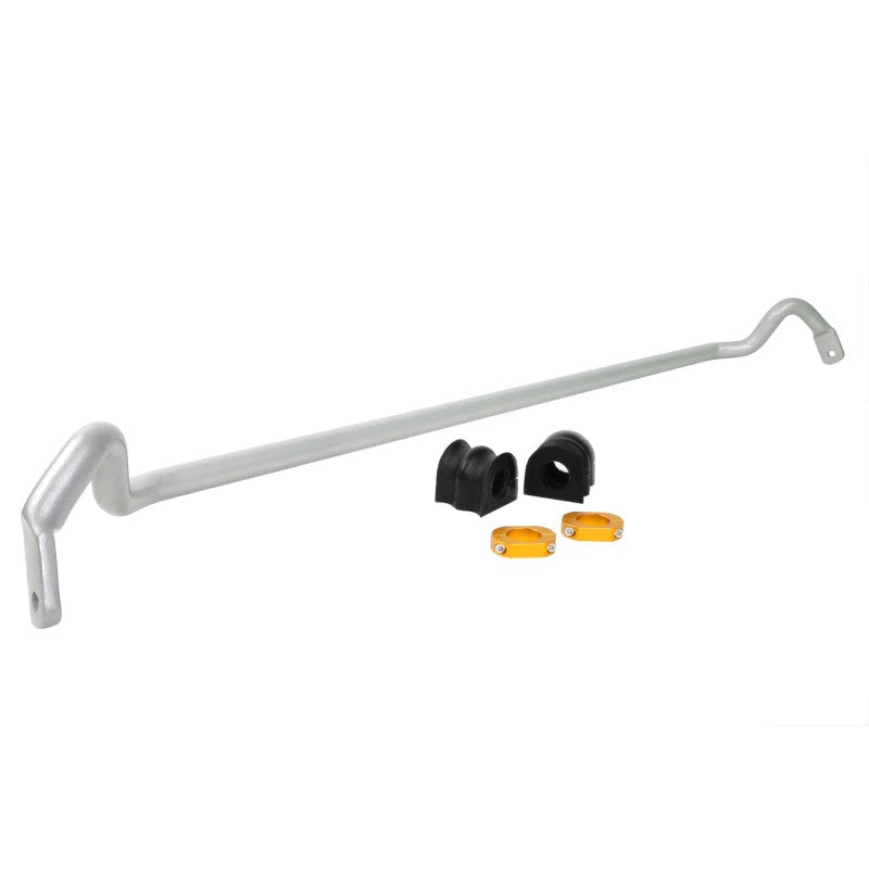 Whiteline 24mm heavy duty front sway bar with silver powder coating and yellow synthetic elastomer bushings.
