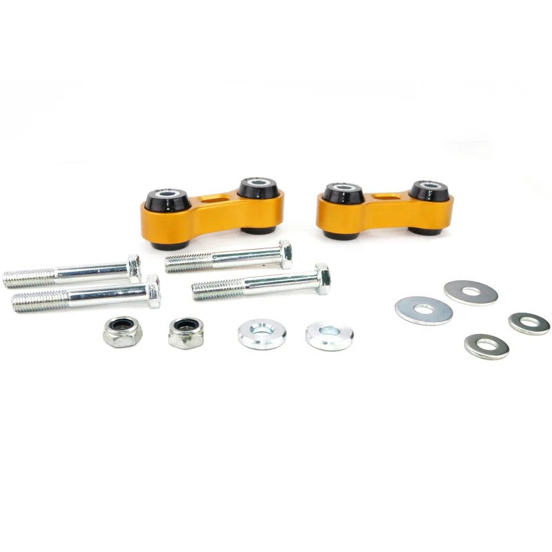 Whiteline KLC30 high-tensile alloy front sway bar links with synthetic elastomer bushings and mounting hardware.