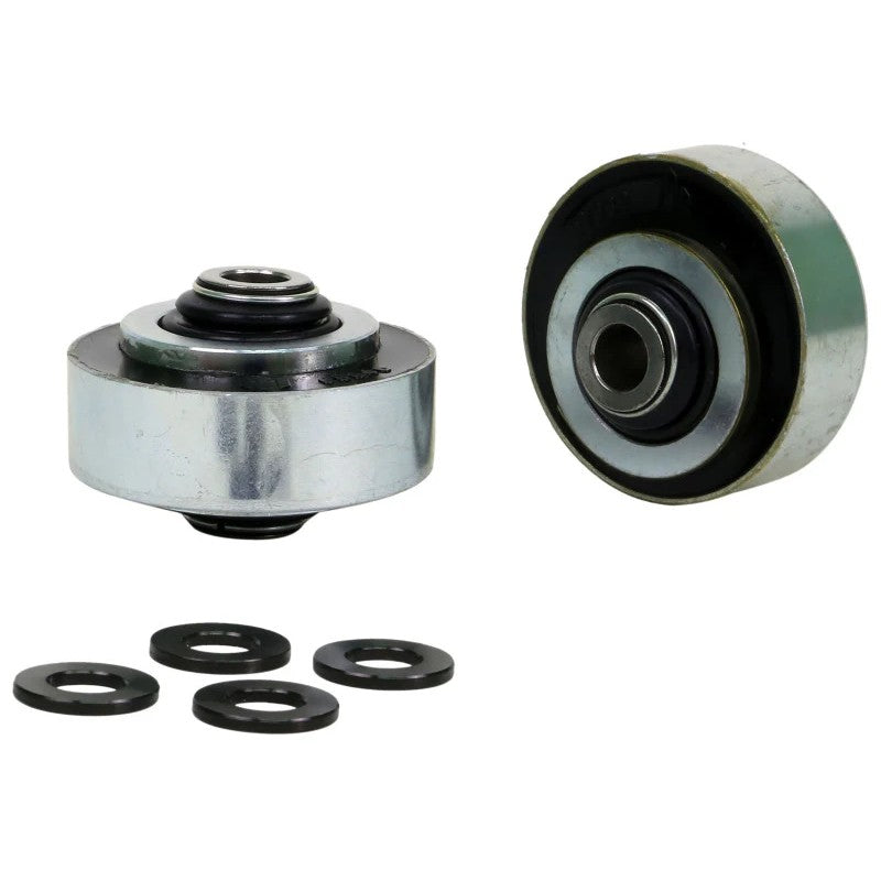 Whiteline KCA469 control arm bushing kit featuring yellow synthetic elastomer bushings and plated metal sleeves.