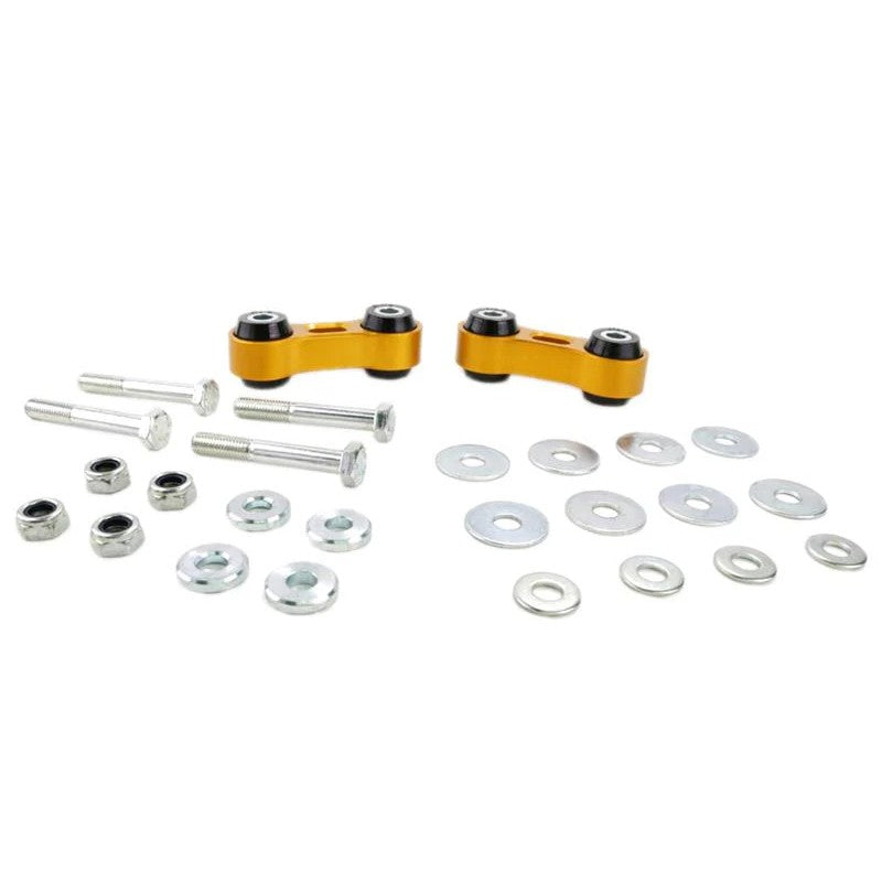 Whiteline KLC32 heavy duty front sway bar links with alloy bodies, synthetic bushings, and mounting hardware