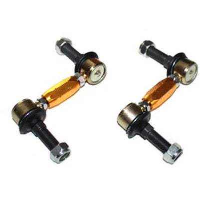 Whiteline KLC110 heavy duty adjustable front sway bar links with gold anodized alloy bodies and steel ball joints.