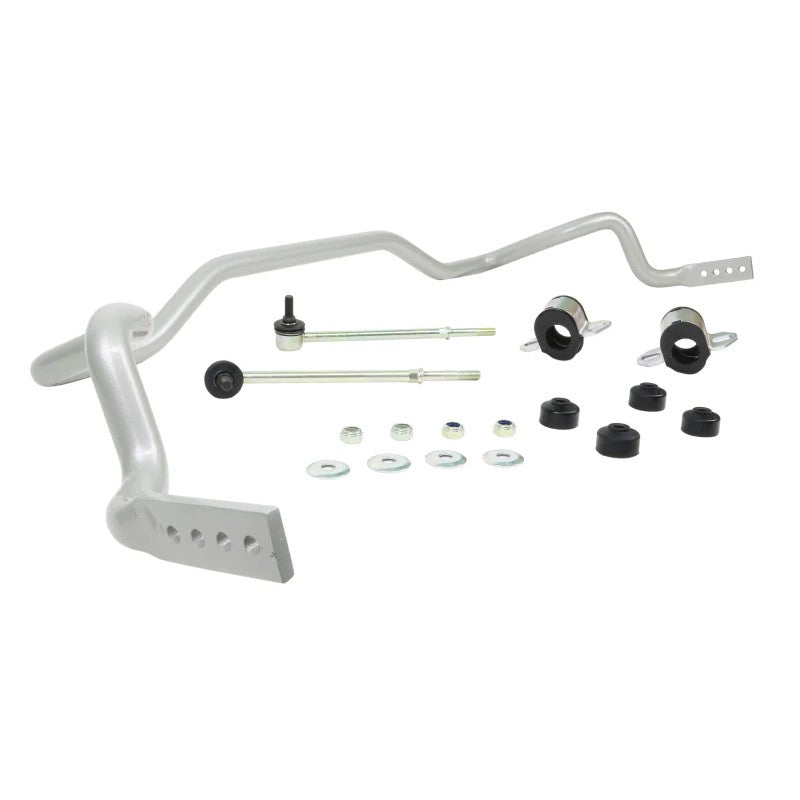 Whiteline 30mm 4-point adjustable front sway bar with silver powder coating, black elastomer bushings, and lateral locks.
