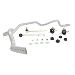Whiteline 30mm 4-point adjustable front sway bar with silver powder coating, black elastomer bushings, and lateral locks.