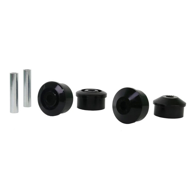 Whiteline synthetic elastomer rear beam axle front bushings with protective plating and installation grease.