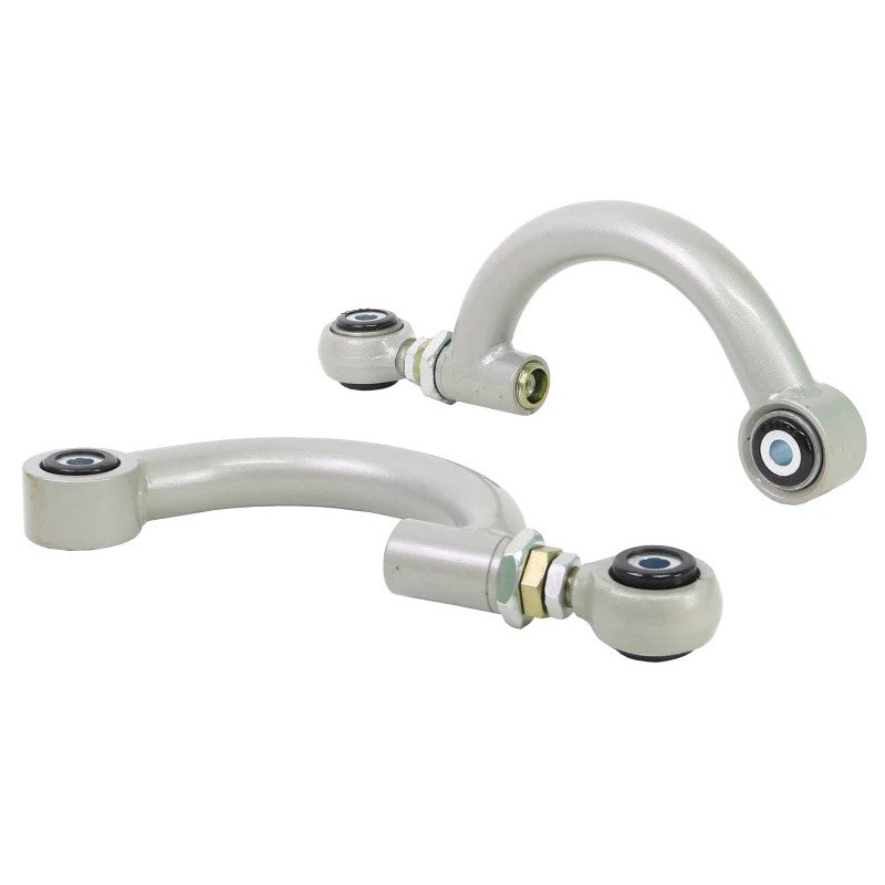 Pair of silver powder-coated Whiteline KTA138A adjustable rear lower control arms with yellow bushings.