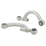Pair of silver powder-coated Whiteline KTA138A adjustable rear lower control arms with yellow bushings.