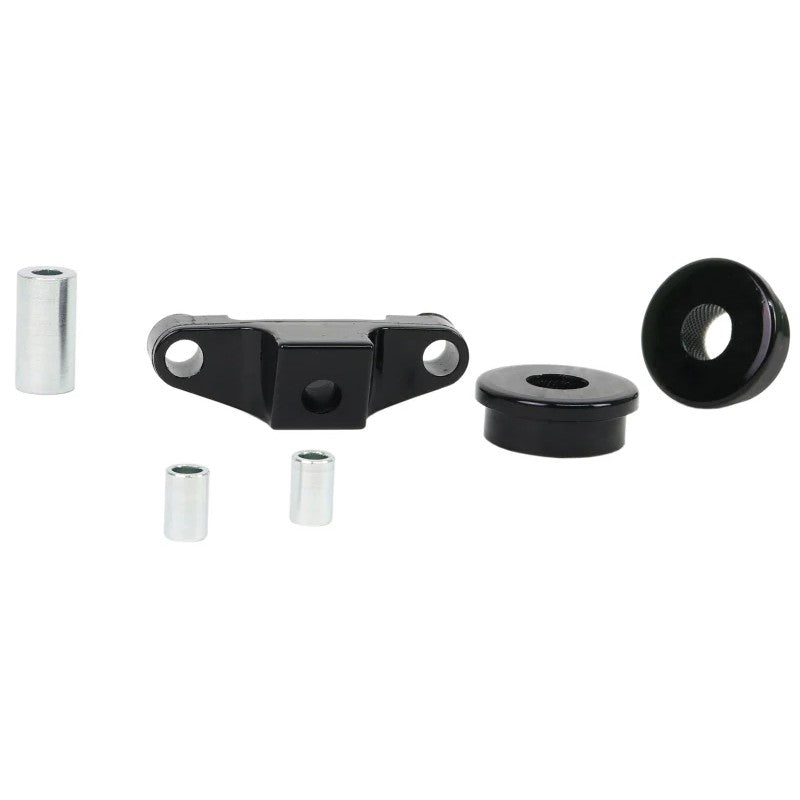 Whiteline KDT958 6-speed gearbox selector bushing kit featuring yellow synthetic elastomer bushings and hardware.