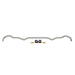 Whiteline 22mm heavy-duty adjustable front sway bar with silver powder coating, yellow bushings, and lateral locks.