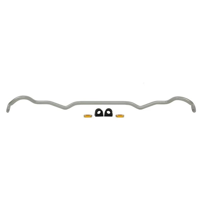 Whiteline 22mm heavy-duty adjustable front sway bar with silver powder coating, yellow bushings, and lateral locks.