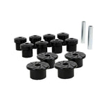 Whiteline black synthetic elastomer rear leaf spring and shackle bushing kit W73835 for Toyota Tacoma.