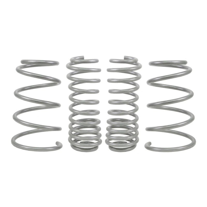 Four yellow powder-coated Whiteline progressive rate lowering springs for 2005-2014 Ford Mustang