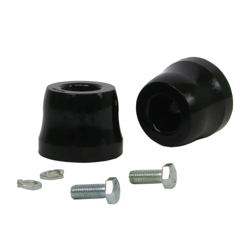 Pair of Whiteline black synthetic elastomer front bump stop bushings for 2005-2013 Toyota Tacoma.