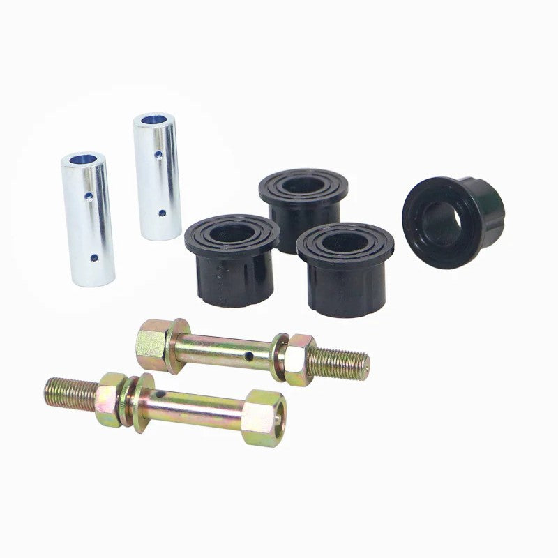 Whiteline W73831 kit containing black synthetic elastomer bushings, metal sleeves, and greaseable pins for Nissan Frontier.