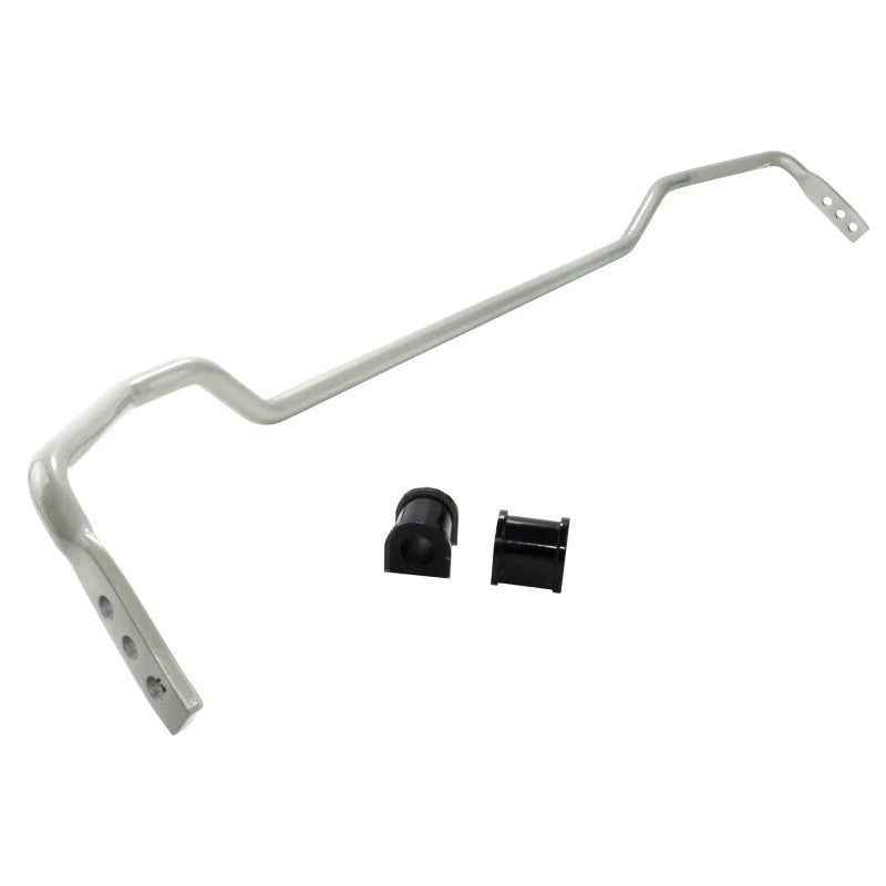 Whiteline 16mm silver powder-coated adjustable rear sway bar with yellow bushings and lateral locks for Mazda MX-5 Miata.