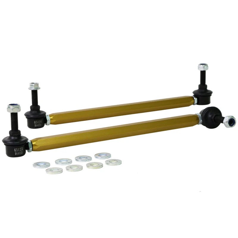 Whiteline KLC151 adjustable front sway bar link featuring gold anodized alloy body and heavy duty steel ball joints.