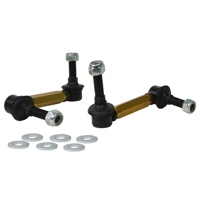 Whiteline KLC220 front adjustable heavy duty sway bar link kit featuring gold anodized alloy and steel ball joints.
