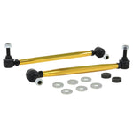 Whiteline adjustable front sway bar links with gold anodized alloy bodies and silver heavy-duty steel ball joints.
