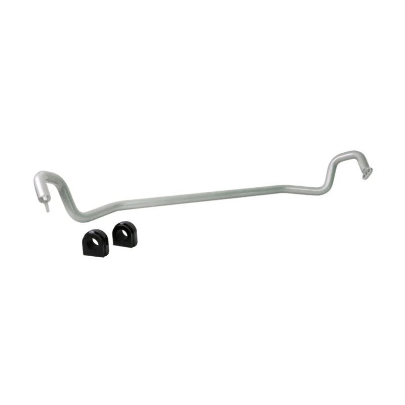Whiteline BBF46 30mm heavy duty front sway bar with silver powder coating and black synthetic elastomer bushings.