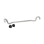 Whiteline BBF46 30mm heavy duty front sway bar with silver powder coating and black synthetic elastomer bushings.
