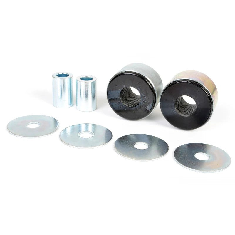 Whiteline KDT906 yellow synthetic elastomer rear differential mount bushings with hardware and molybdenum grease.