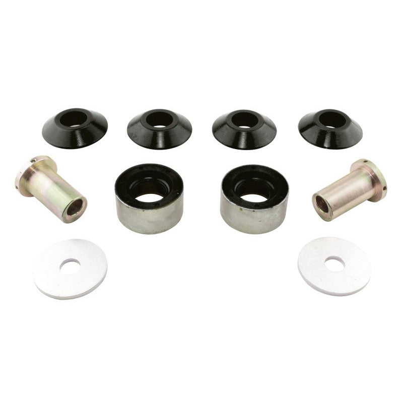 Whiteline KCA334 Anti Lift Kit featuring anodized alloy mounts with synthetic elastomer bushings and hardware.