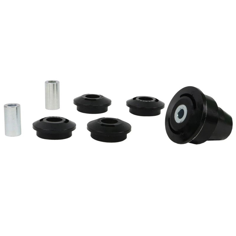 Whiteline KDT909 Rear Positive Traction Kit featuring yellow synthetic elastomer bushings and mounting hardware.