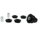 Whiteline KDT909 Rear Positive Traction Kit featuring yellow synthetic elastomer bushings and mounting hardware.