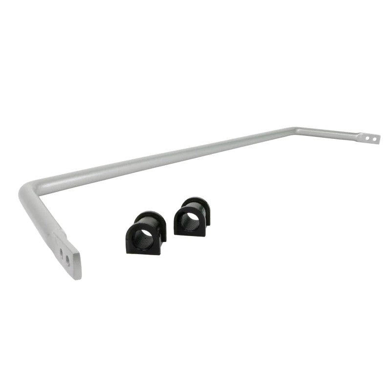 Whiteline 22mm front adjustable sway bar in silver powder coat with yellow synthetic elastomer bushings and lateral locks.
