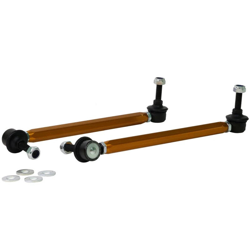 Whiteline KLC163 front adjustable sway bar link assembly featuring gold anodized alloy body and steel ball joint ends