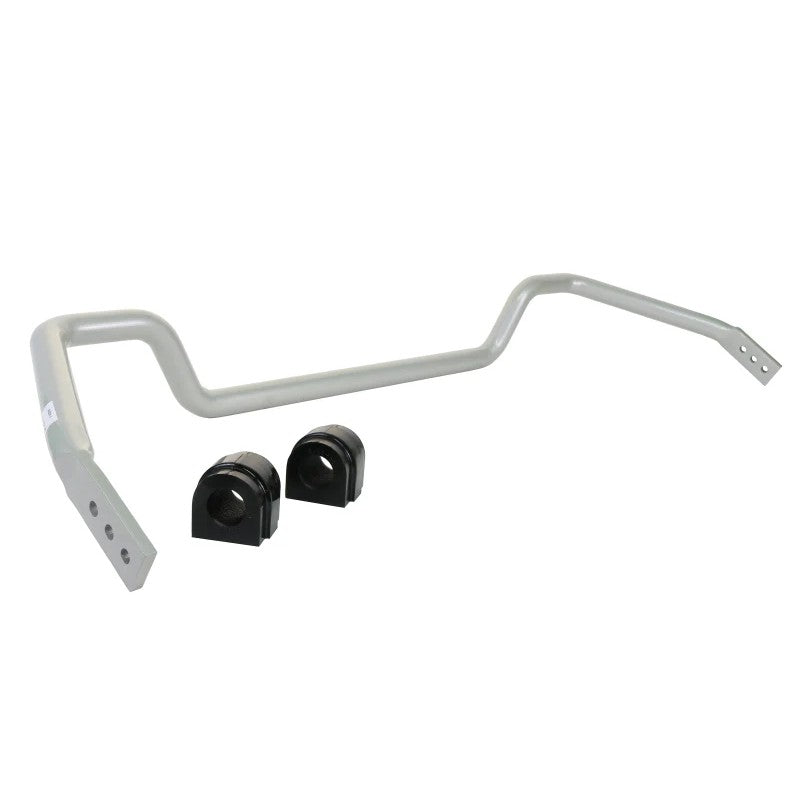 Whiteline BBF15Z 30mm heavy duty adjustable front sway bar with silver powder coating and yellow elastomer bushings.