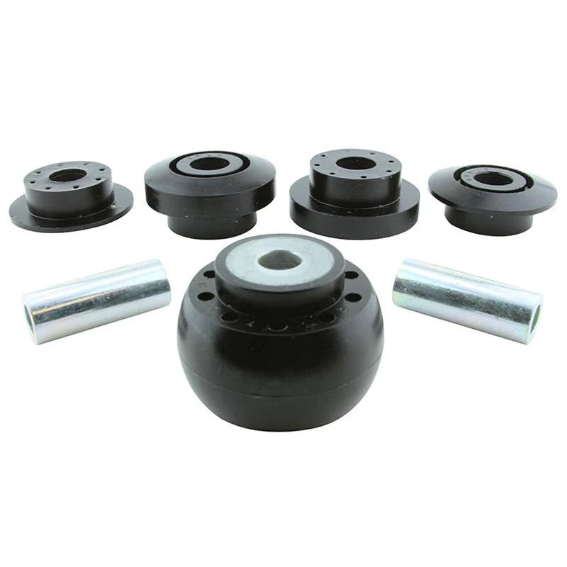 Whiteline KDT911 synthetic elastomer rear differential mount bushings with hardware and molybdenum grease.
