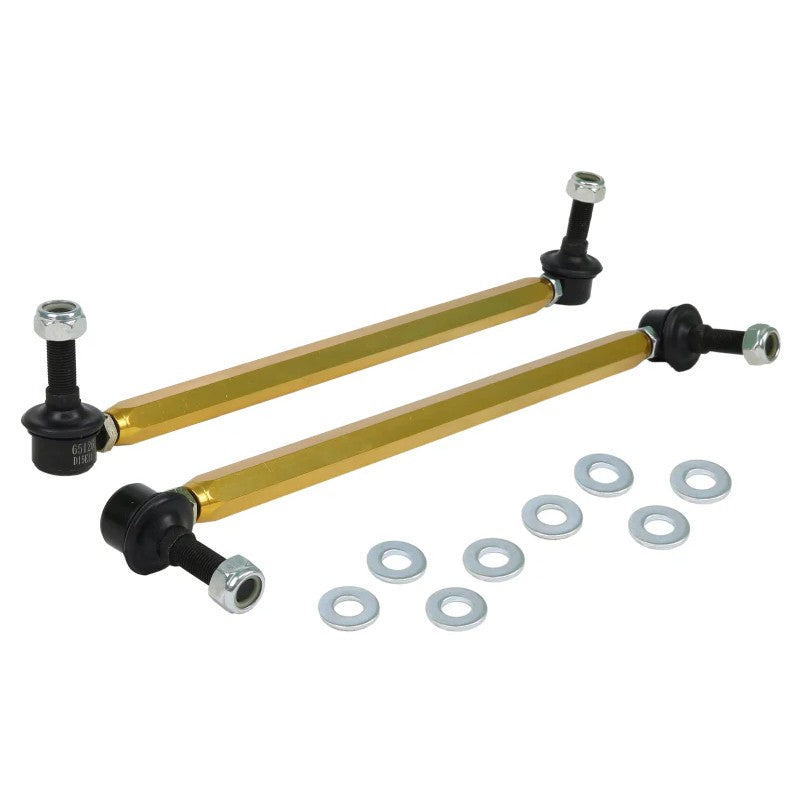 Whiteline KLC201 adjustable front sway bar links featuring silver anodized aluminum bodies and steel ball joint ends.