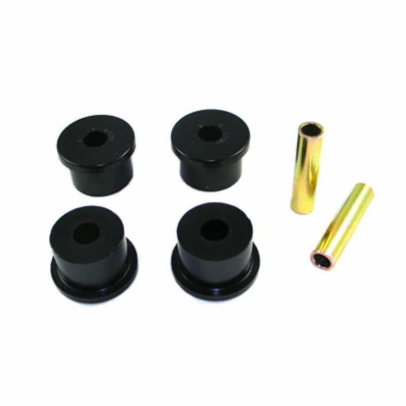 Black Whiteline synthetic elastomer rear spring eye front bushings with metal sleeves and grease for 1964-1973 Mustang.