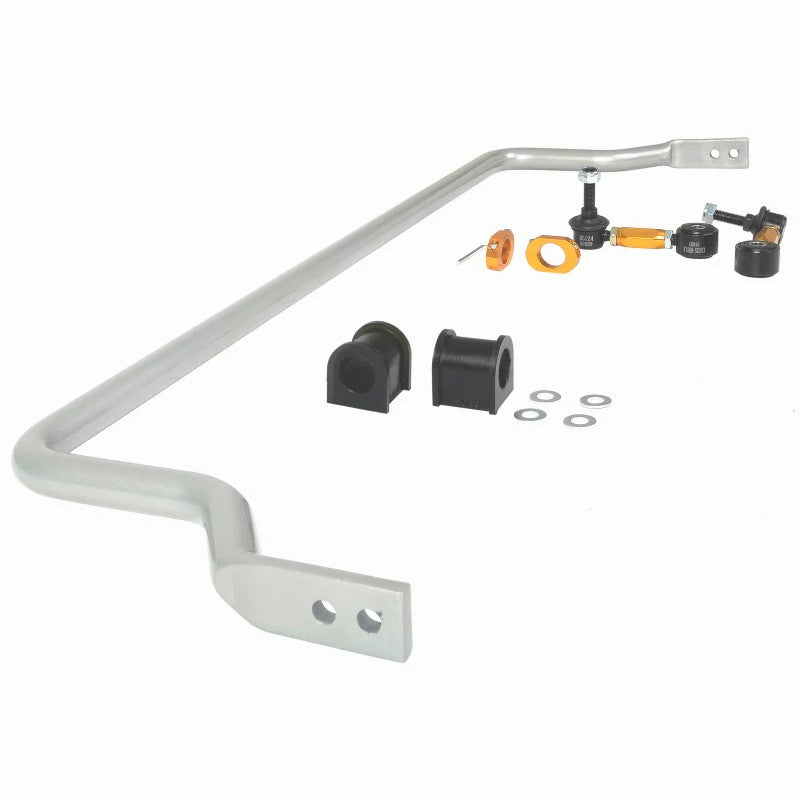 Whiteline silver 24mm adjustable front sway bar for Mazda Miata with black bushings and mounting hardware.
