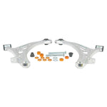 Pair of silver Whiteline KTA291 alloy front lower control arms with black and gold bushings for 2011-2014 Subaru WRX/STI.