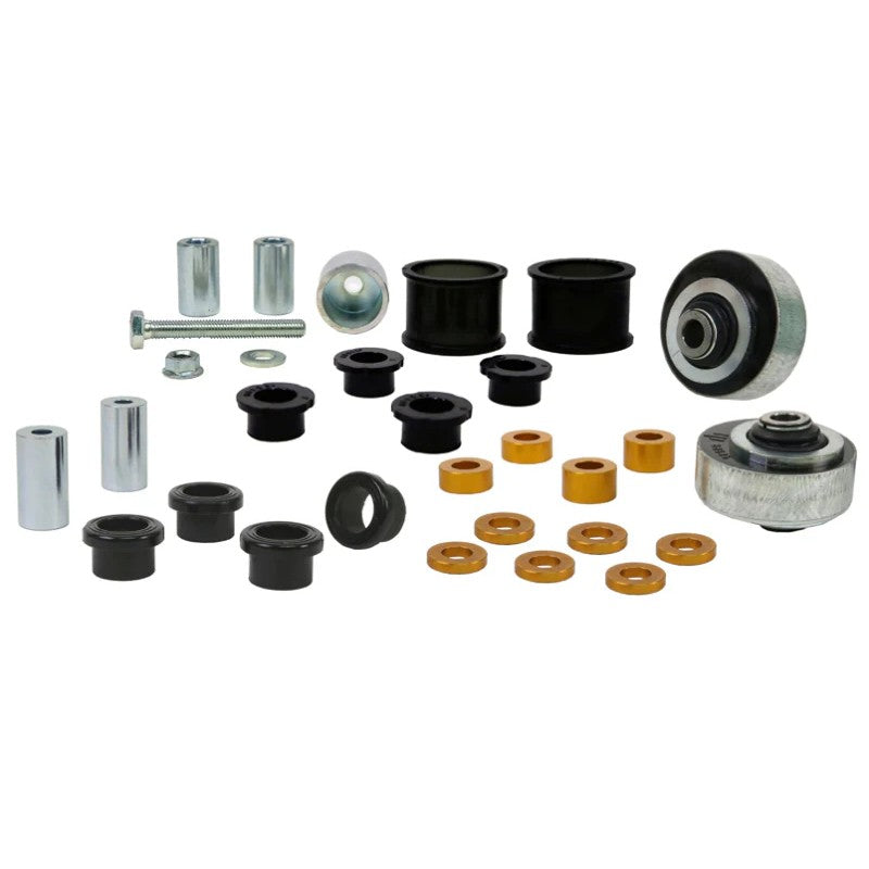 Whiteline Front Essential Vehicle Bushing Kit WEK129 with elastomer bushings, metal brackets, and assembly grease.