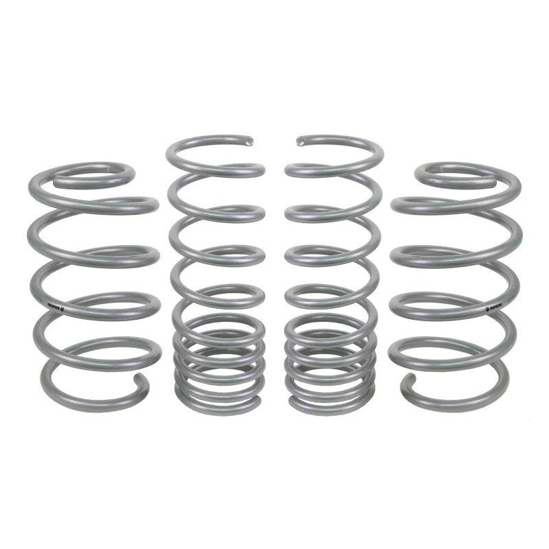 Set of four silver Whiteline progressive rate performance lowering springs for 2012-2018 Ford Focus.