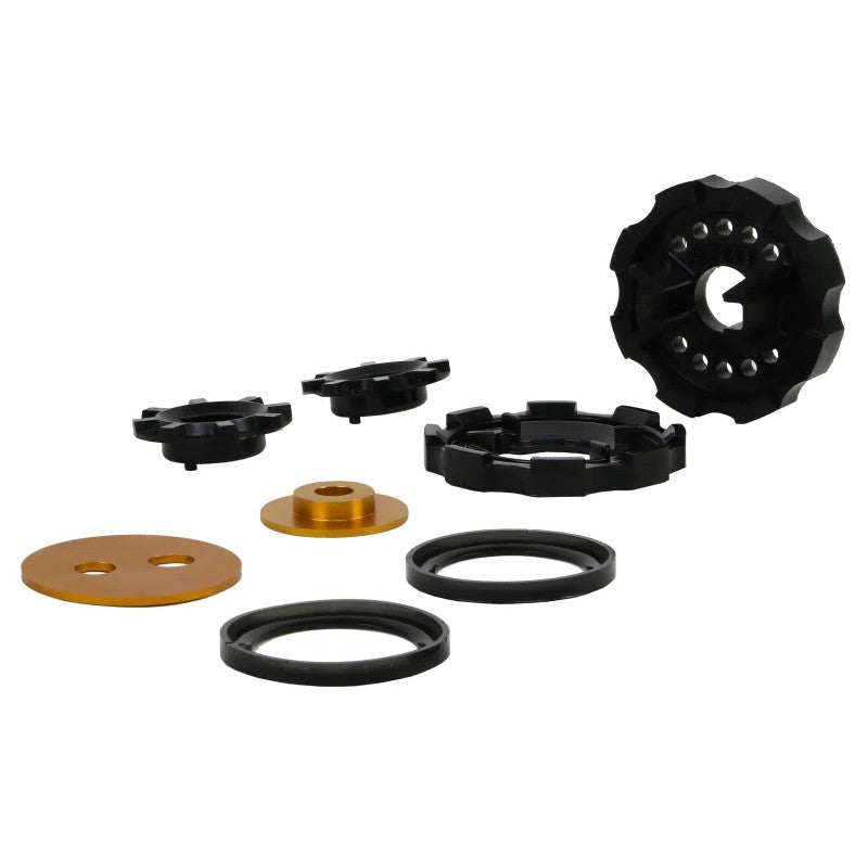 Whiteline KDT925 yellow synthetic elastomer rear differential mount and outrigger support insert bushings with moly grease.